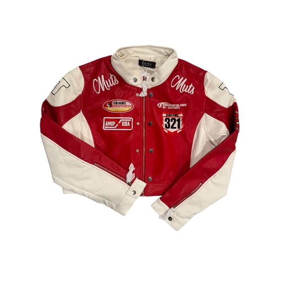 REV IT UP RACING MOTO IN RED Muts Ungenerous Studios faux Leather Racer Jacket W - Picture 1 of 6